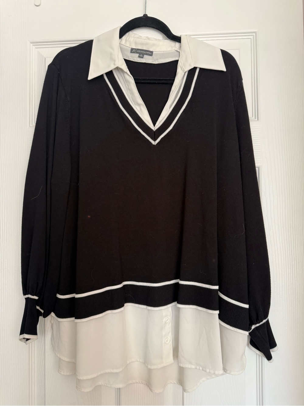 Adrianna Papell Black V-Neck Layered Sweater with White Contrast